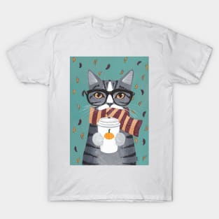 Grey Tabby Autumn Coffee Cat T-Shirt